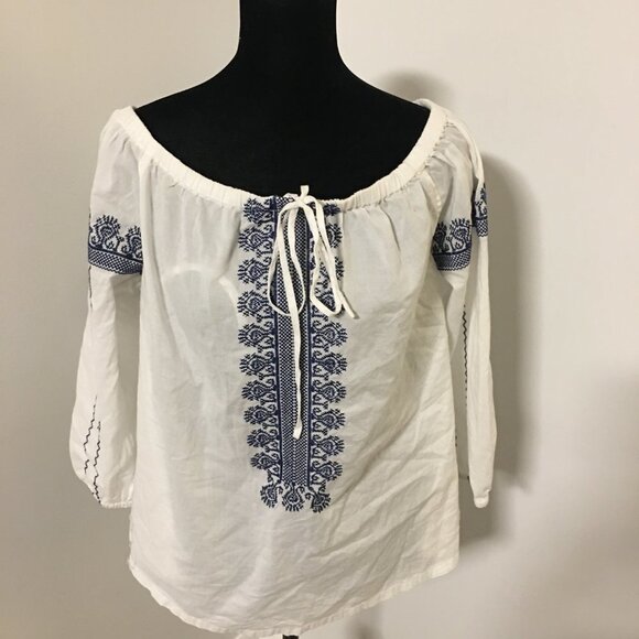 MADEWELL White Blue Cotton Off Shoulder Peasant Embroidered Blouse Top Small - Picture 4 of 10
